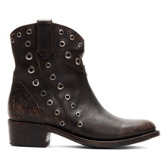 Frye Shoes - Frye Diana Grommet Vintage Black Leather Metal Moto Pull On Western Ankle Boots
